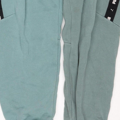 Puma Boys Green Track Pants 13-14 Years Cotton Blend Logo Tape Joggers