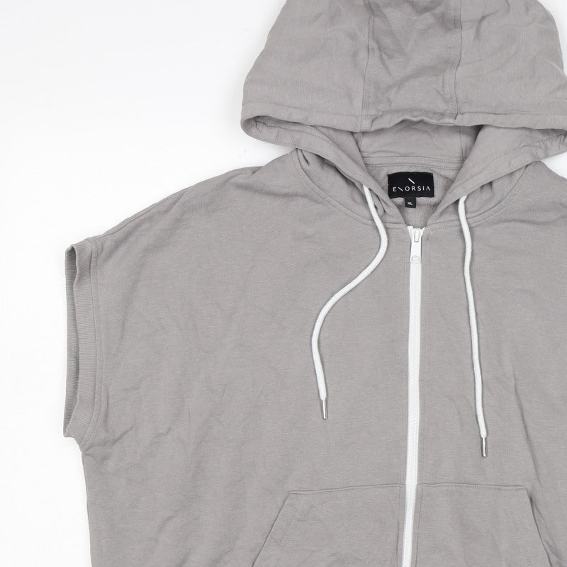 Enorsia Men Grey XL Sleeveless Full Zip Hooded Fleece Vest Hoodie