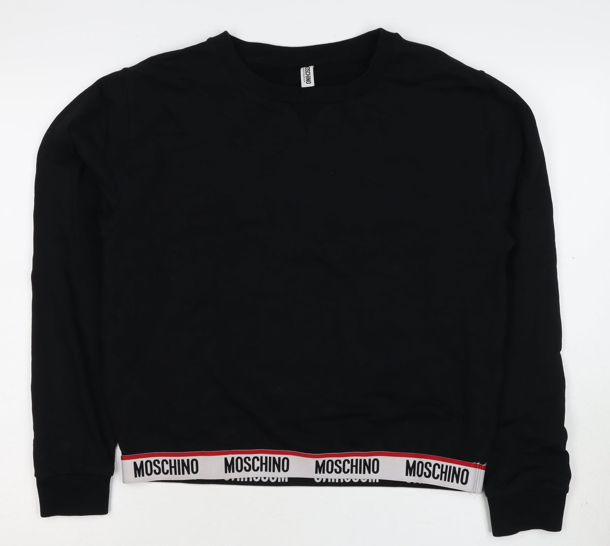 Moschino Women Black M Pullover Sweatshirt Logo Trim Crew Neck