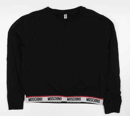 Moschino Women Black M Pullover Sweatshirt Logo Trim Crew Neck