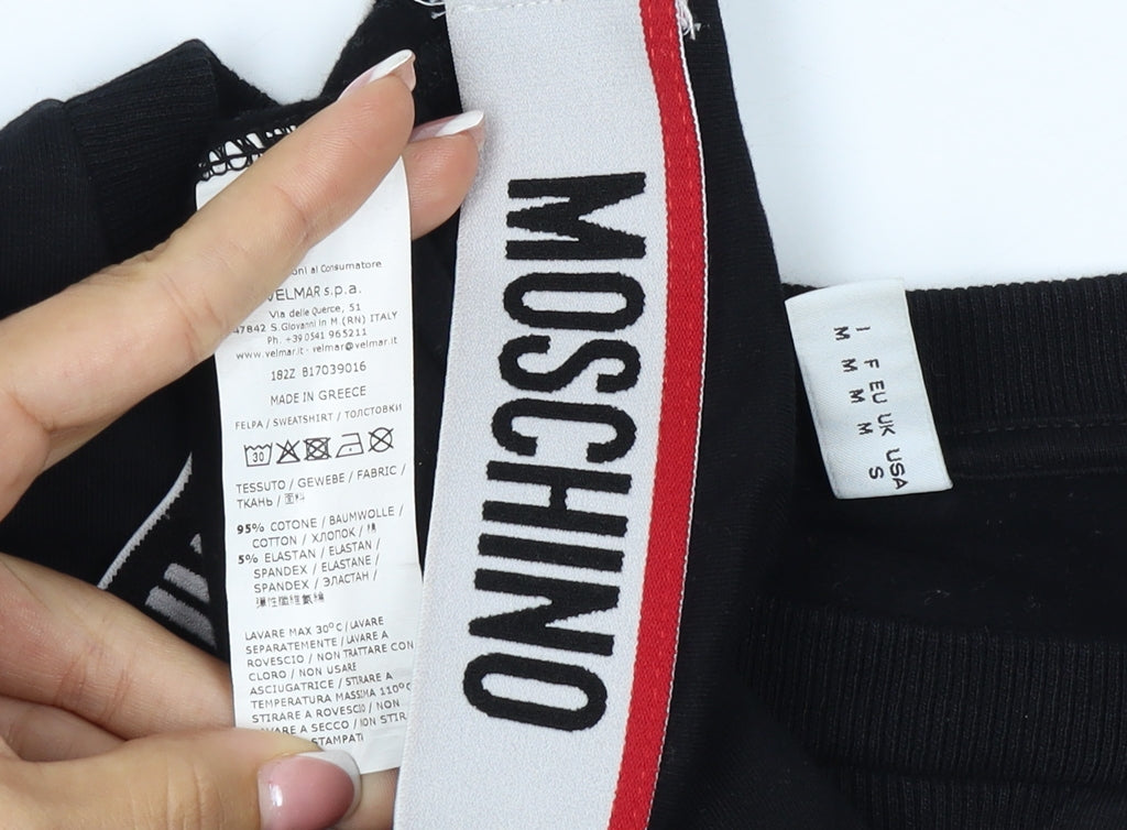 Moschino Women Black M Pullover Sweatshirt Logo Trim Crew Neck