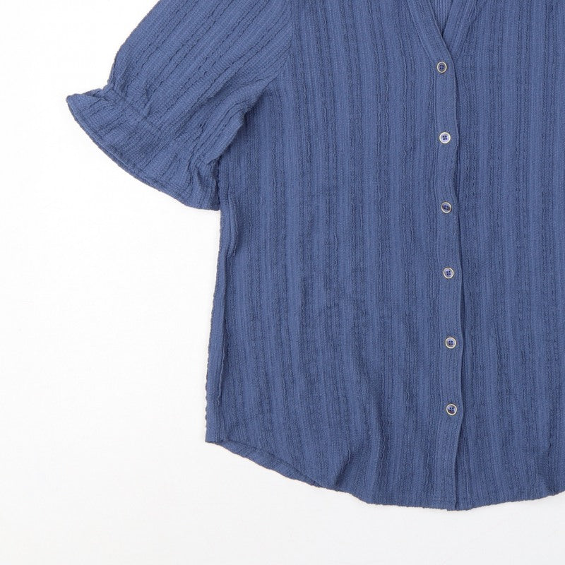 Cable & Gauge Women's Blue S Textured Knit Puff Sleeve Button-Up Top