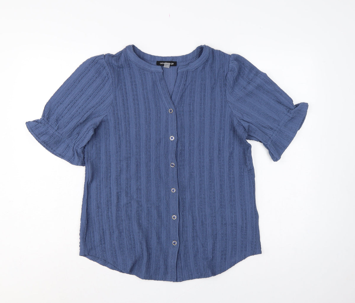 Cable & Gauge Women's Blue S Textured Knit Puff Sleeve Button-Up Top
