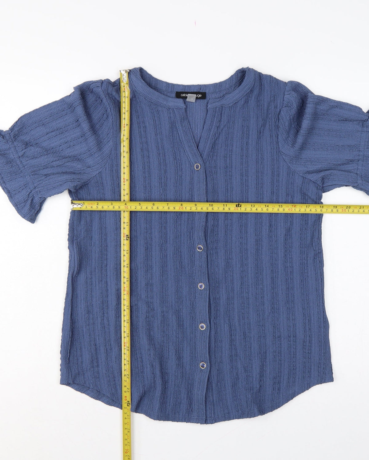 Cable & Gauge Women's Blue S Textured Knit Puff Sleeve Button-Up Top