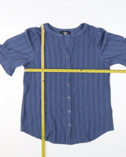 Cable & Gauge Women's Blue S Textured Knit Puff Sleeve Button-Up Top
