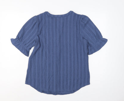 Cable & Gauge Women's Blue S Textured Knit Puff Sleeve Button-Up Top