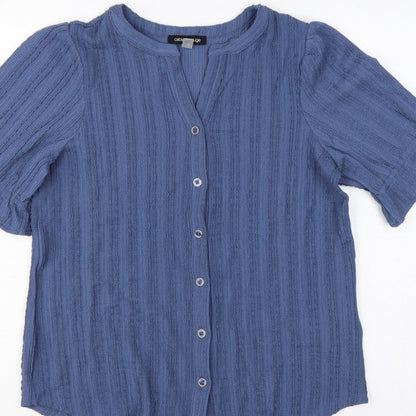 Cable & Gauge Women's Blue S Textured Knit Puff Sleeve Button-Up Top