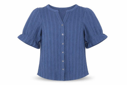 Cable & Gauge Women's Blue S Textured Knit Puff Sleeve Button-Up Top