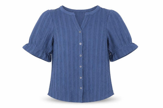 Cable & Gauge Women's Blue S Textured Knit Puff Sleeve Button-Up Top
