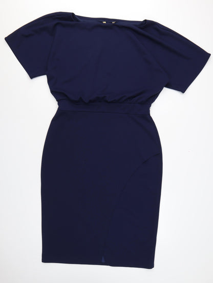 Lipsy London Women Navy UK 16 Blouson Pencil Knee Dress Side Slit