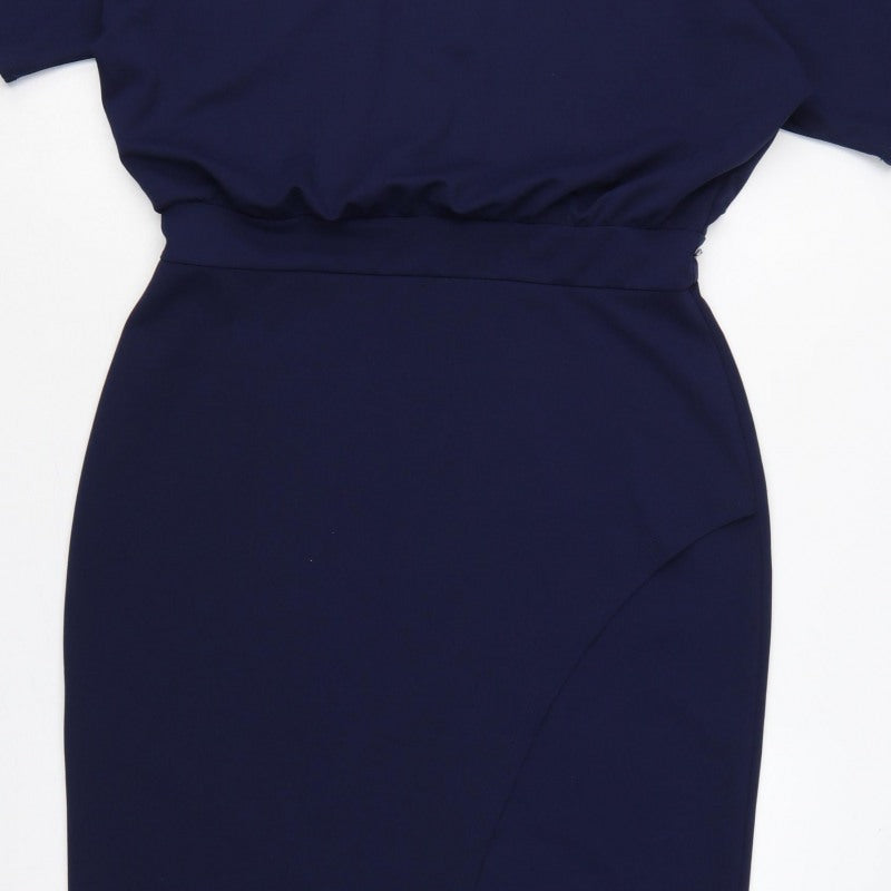 Lipsy London Women Navy UK 16 Blouson Pencil Knee Dress Side Slit