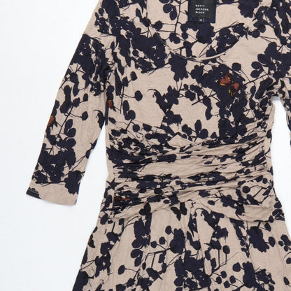 Betty Jackson Black Women Beige Floral Fit & Flare Dress UK 14 V-Neck