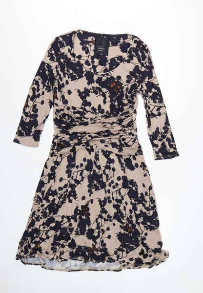 Betty Jackson Black Women Beige Floral Fit & Flare Dress UK 14 V-Neck