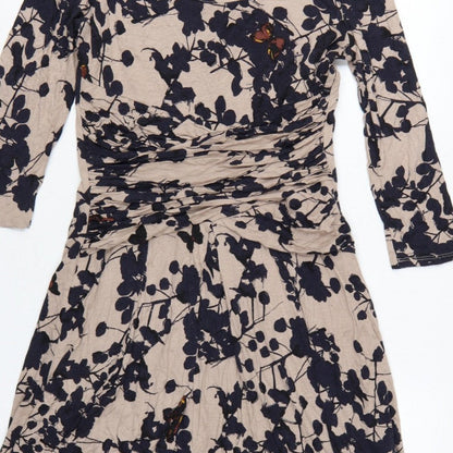Betty Jackson Black Women Beige Floral Fit & Flare Dress UK 14 V-Neck