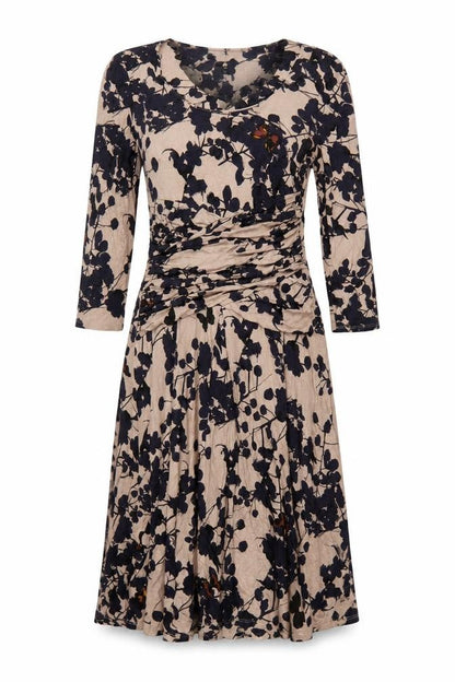Betty Jackson Black Women Beige Floral Fit & Flare Dress UK 14 V-Neck