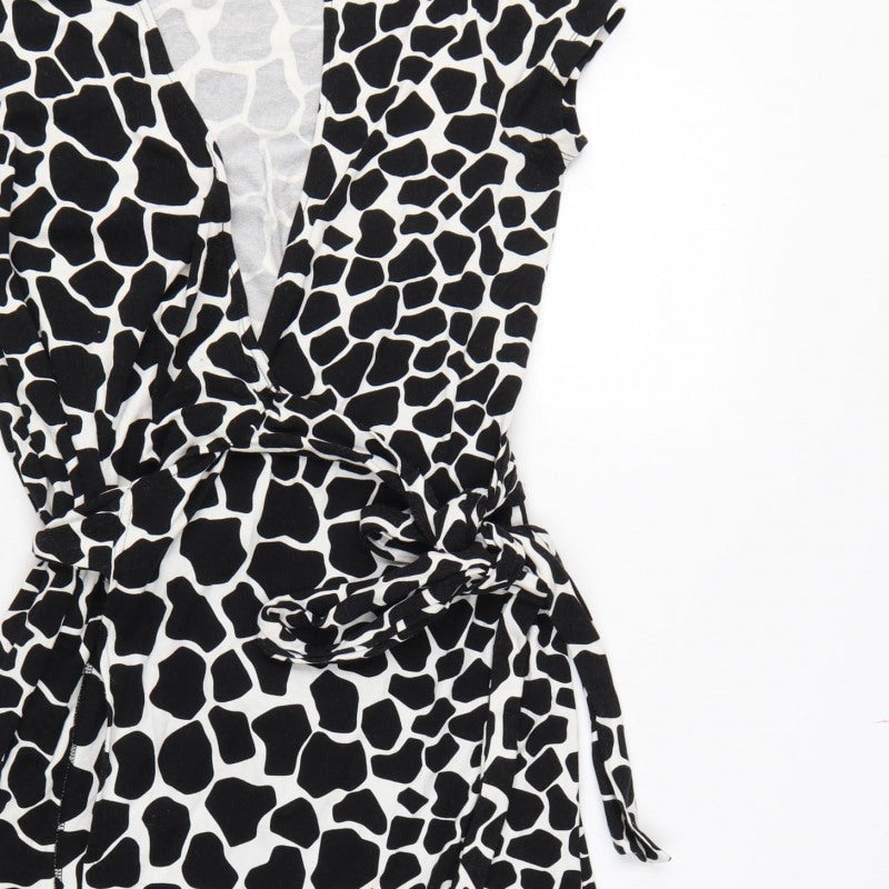 Hobbs Women’s Black White Animal Print Wrap Dress UK 10 Knee Length