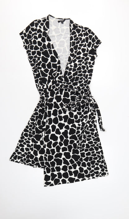 Hobbs Women’s Black White Animal Print Wrap Dress UK 10 Knee Length