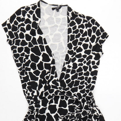Hobbs Women’s Black White Animal Print Wrap Dress UK 10 Knee Length
