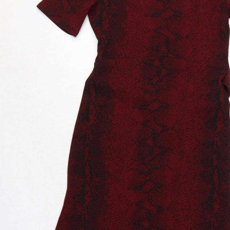 Boohoo Women Red Snake Print Bodycon Knee Dress UK 12 Belted