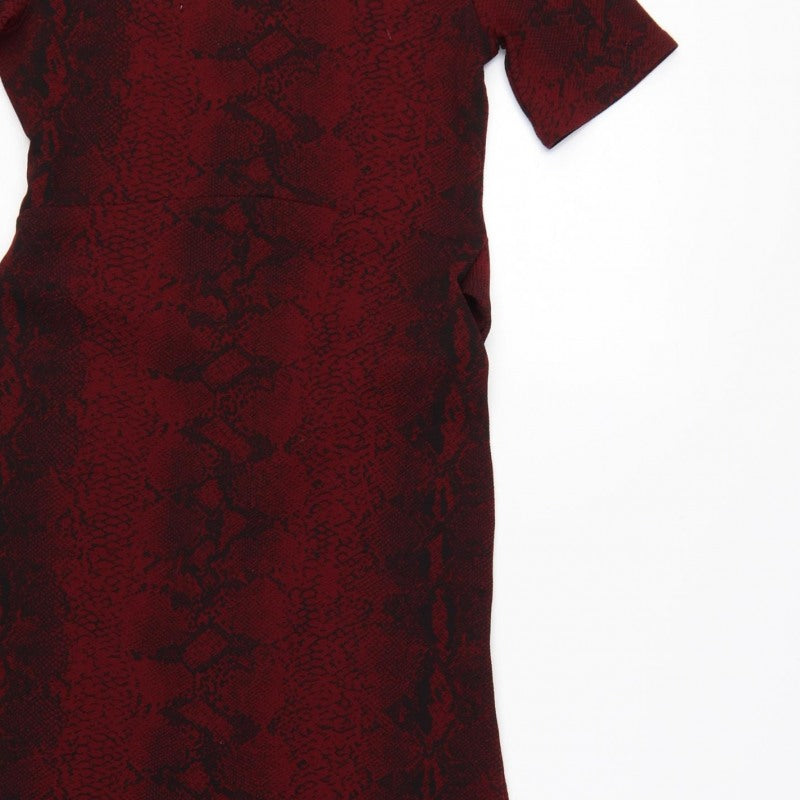 Boohoo Women Red Snake Print Bodycon Knee Dress UK 12 Belted