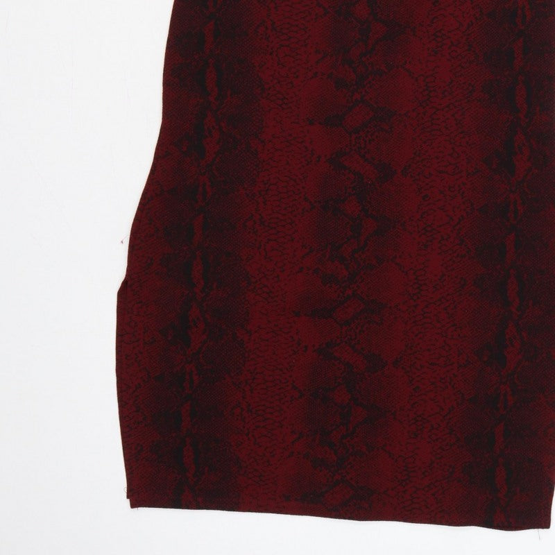Boohoo Women Red Snake Print Bodycon Knee Dress UK 12 Belted