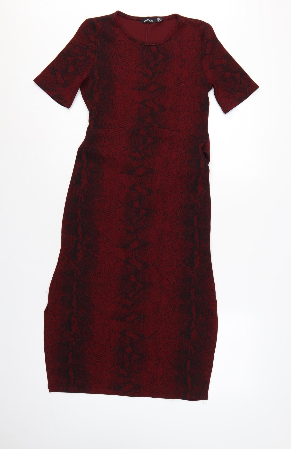 Boohoo Women Red Snake Print Bodycon Knee Dress UK 12 Belted