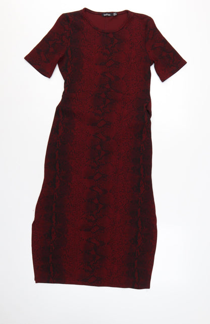 Boohoo Women Red Snake Print Bodycon Knee Dress UK 12 Belted