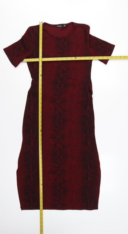 Boohoo Women Red Snake Print Bodycon Knee Dress UK 12 Belted
