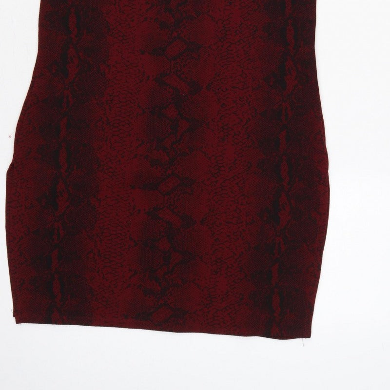 Boohoo Women Red Snake Print Bodycon Knee Dress UK 12 Belted
