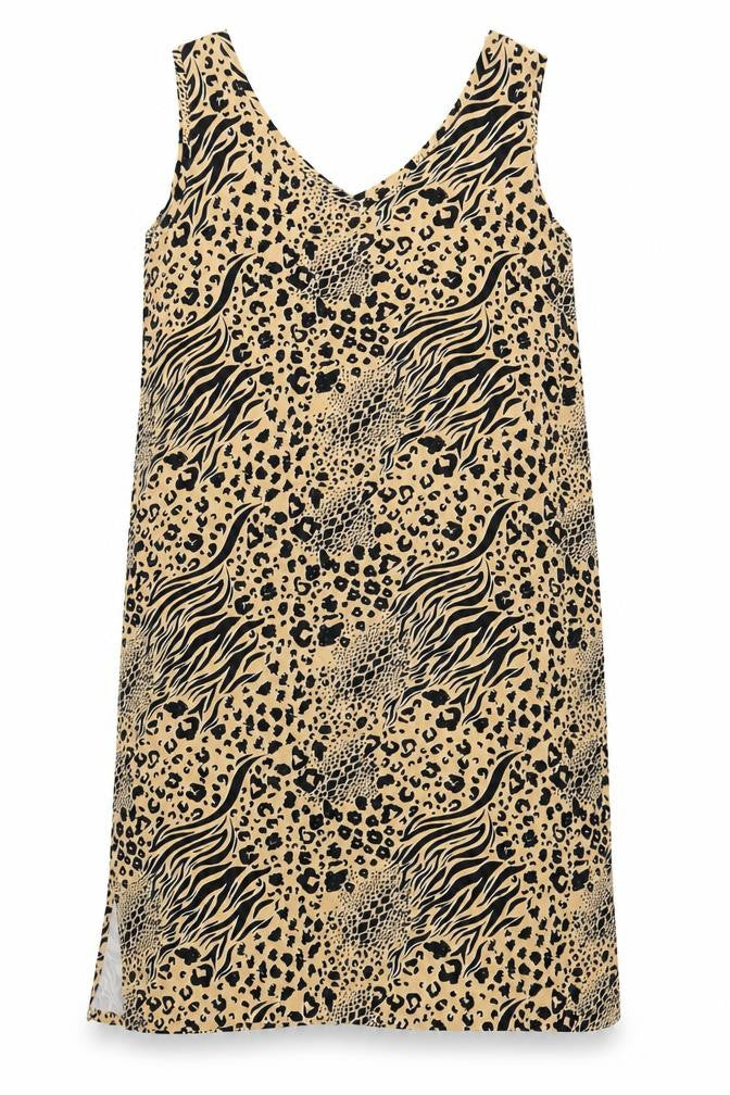 Very Women Beige Animal Print Shift Dress UK 24 Sleeveless V-Neck