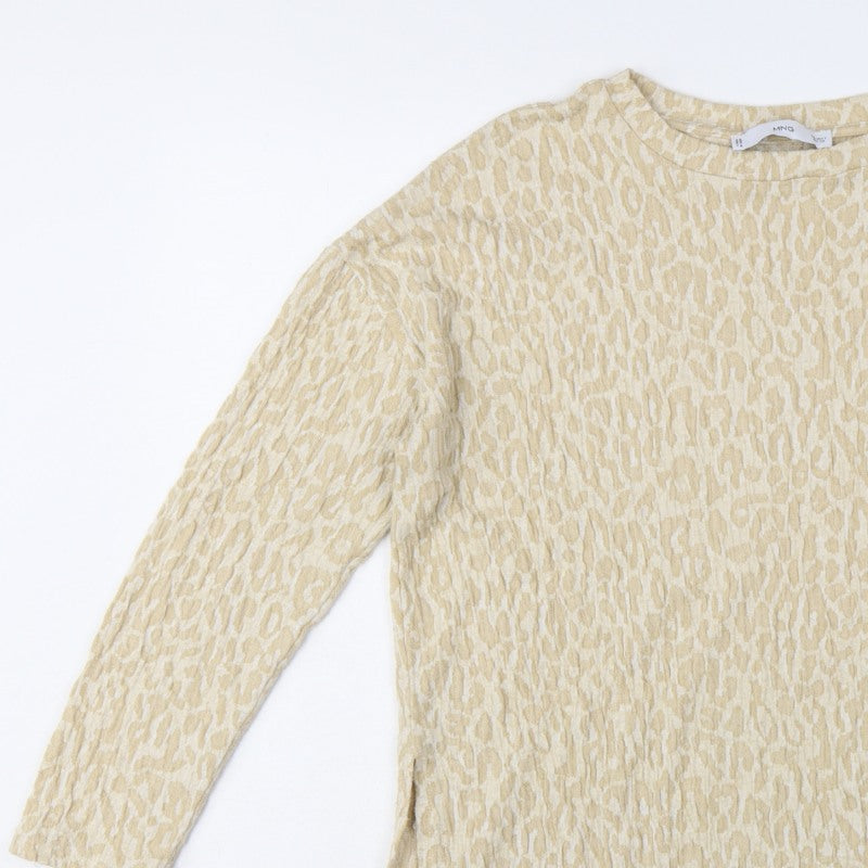 MNG Women Beige S Leopard Textured Long Sleeve Basic T-Shirt Top
