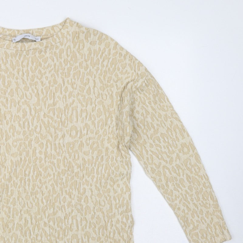 MNG Women Beige S Leopard Textured Long Sleeve Basic T-Shirt Top