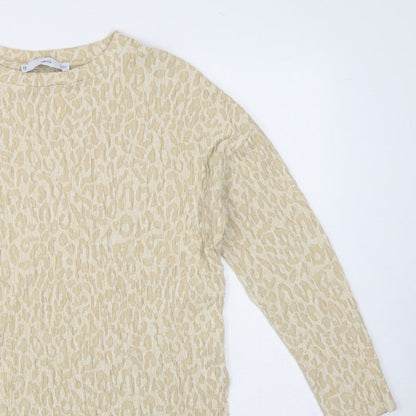 MNG Women Beige S Leopard Textured Long Sleeve Basic T-Shirt Top