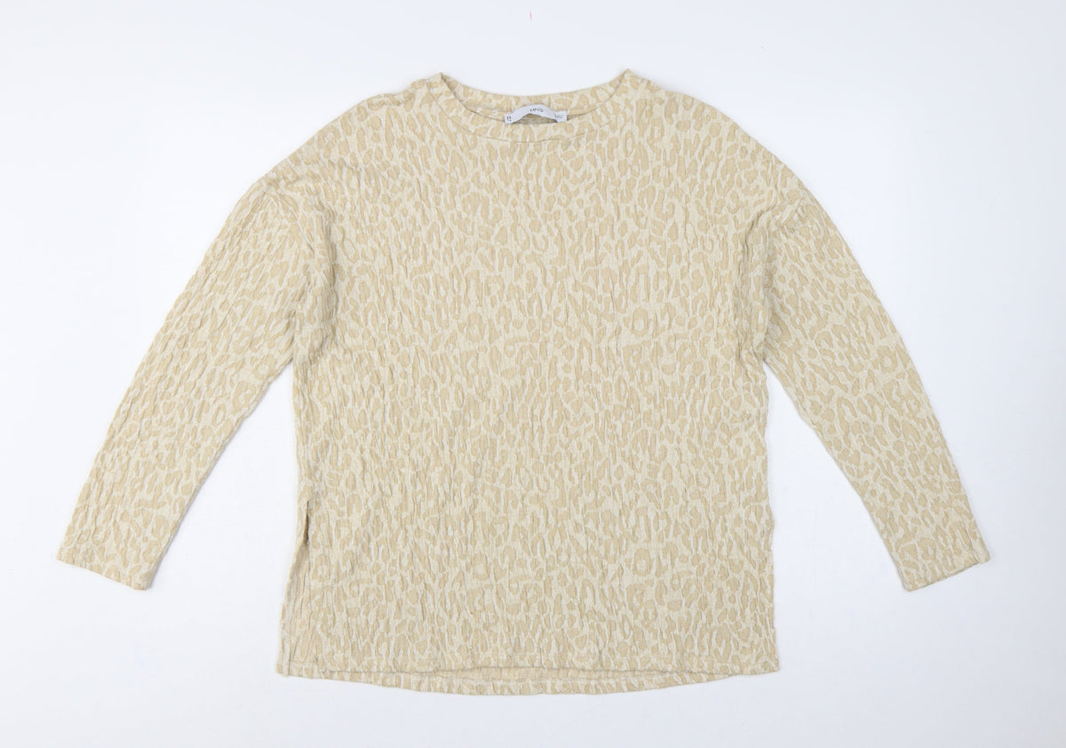 MNG Women Beige S Leopard Textured Long Sleeve Basic T-Shirt Top