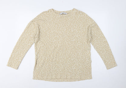 MNG Women Beige S Leopard Textured Long Sleeve Basic T-Shirt Top