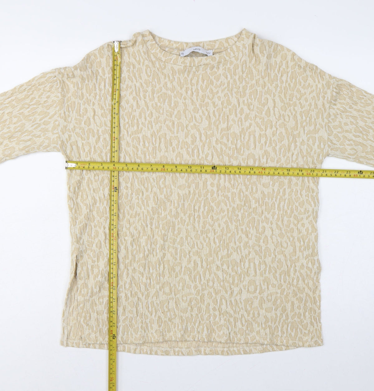 MNG Women Beige S Leopard Textured Long Sleeve Basic T-Shirt Top