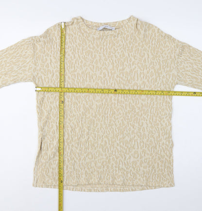 MNG Women Beige S Leopard Textured Long Sleeve Basic T-Shirt Top