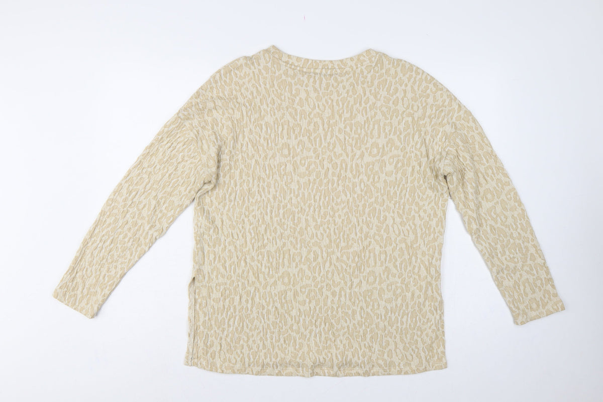 MNG Women Beige S Leopard Textured Long Sleeve Basic T-Shirt Top