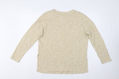 MNG Women Beige S Leopard Textured Long Sleeve Basic T-Shirt Top