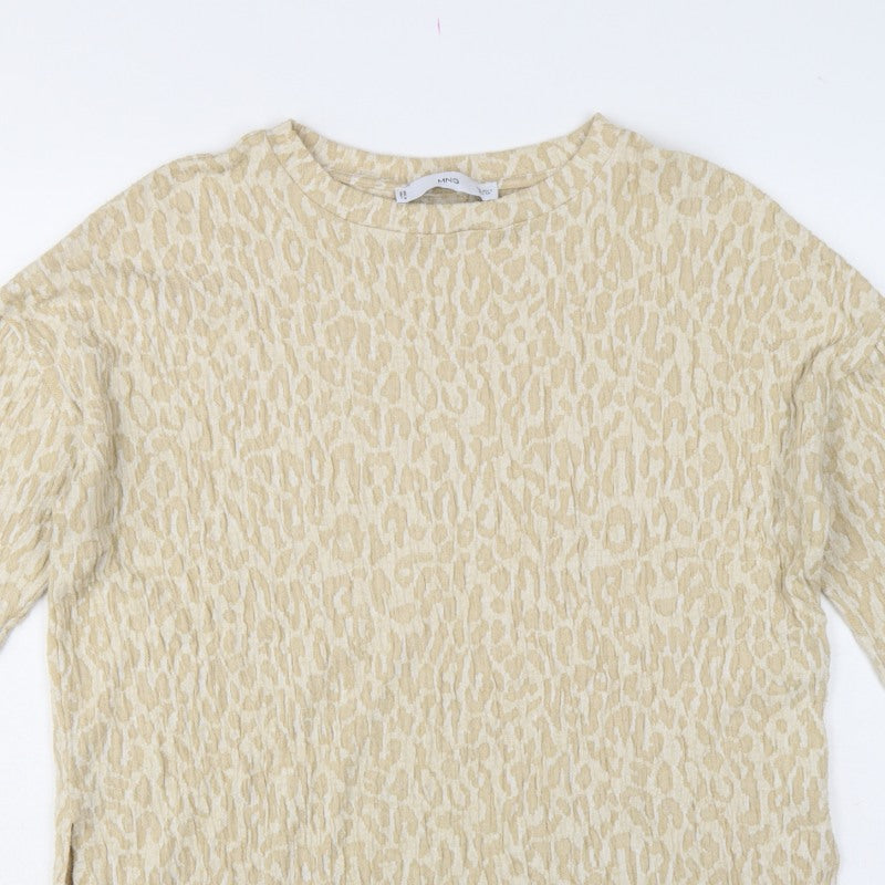 MNG Women Beige S Leopard Textured Long Sleeve Basic T-Shirt Top