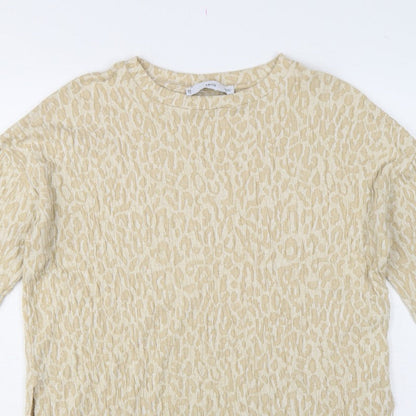 MNG Women Beige S Leopard Textured Long Sleeve Basic T-Shirt Top
