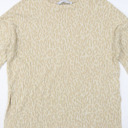 MNG Women Beige S Leopard Textured Long Sleeve Basic T-Shirt Top