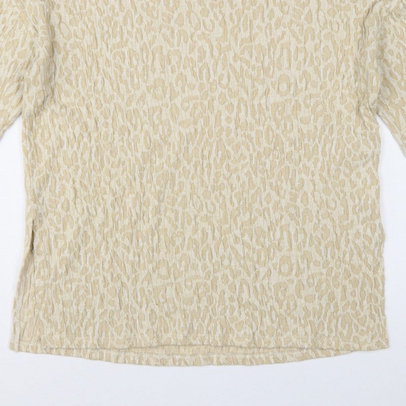MNG Women Beige S Leopard Textured Long Sleeve Basic T-Shirt Top