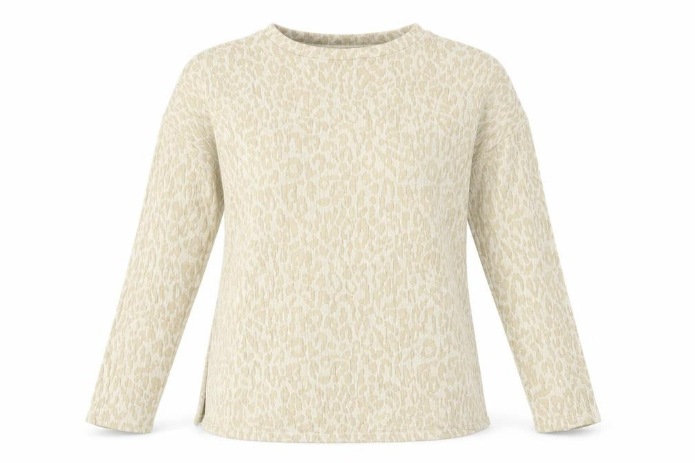MNG Women Beige S Leopard Textured Long Sleeve Basic T-Shirt Top