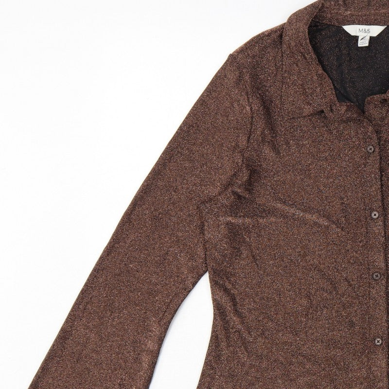 Marks and Spencer Women Brown Glitter Knit Button-Up Blouse UK 16
