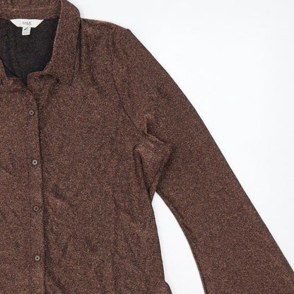 Marks and Spencer Women Brown Glitter Knit Button-Up Blouse UK 16