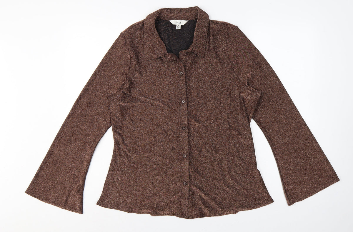 Marks and Spencer Women Brown Glitter Knit Button-Up Blouse UK 16