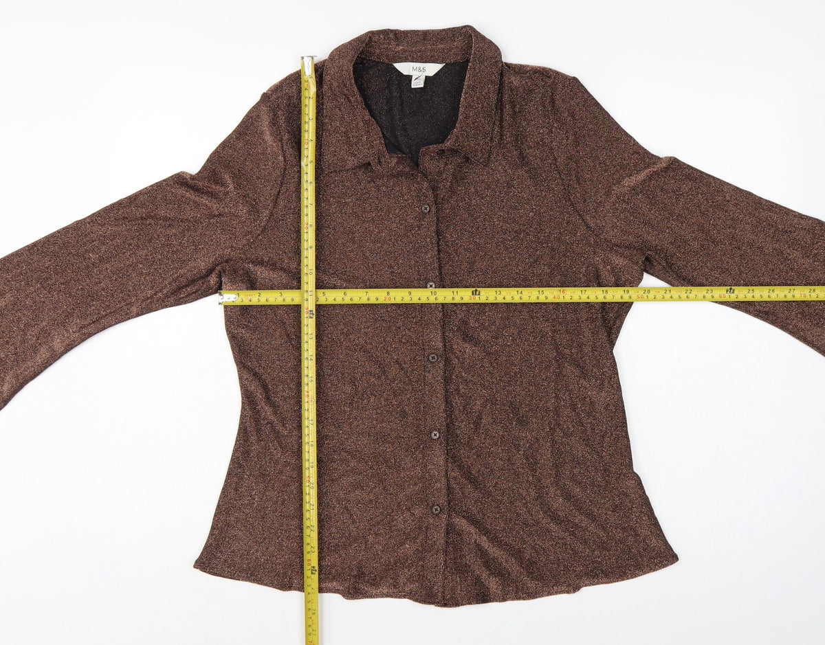Marks and Spencer Women Brown Glitter Knit Button-Up Blouse UK 16