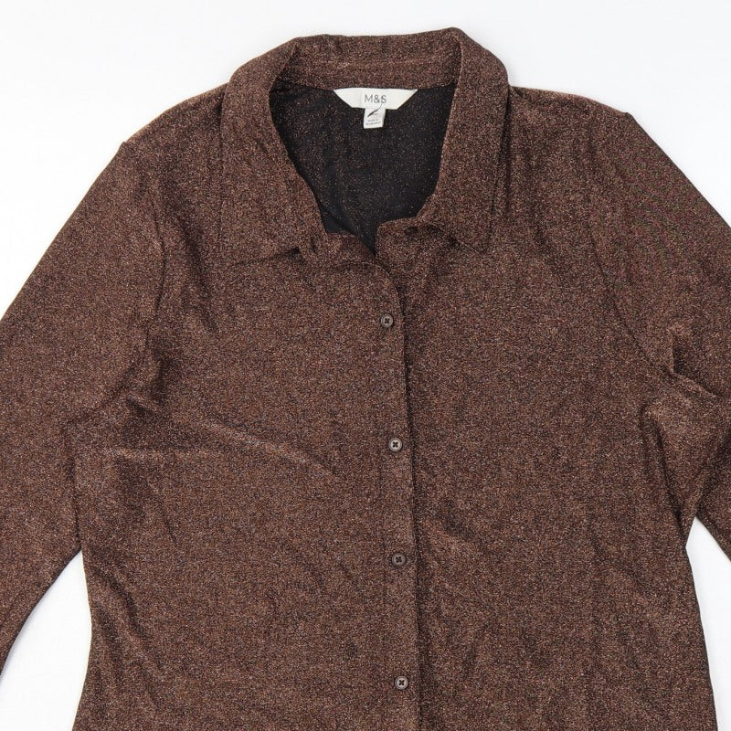 Marks and Spencer Women Brown Glitter Knit Button-Up Blouse UK 16