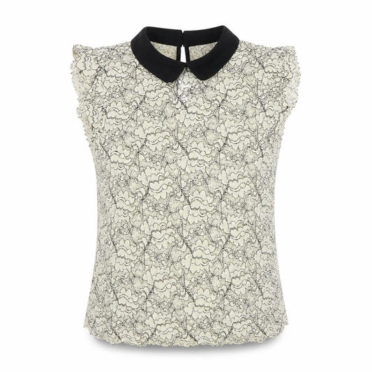 Zara Women Ivory Black Floral Lace Collared Sleeveless Blouse UK 12